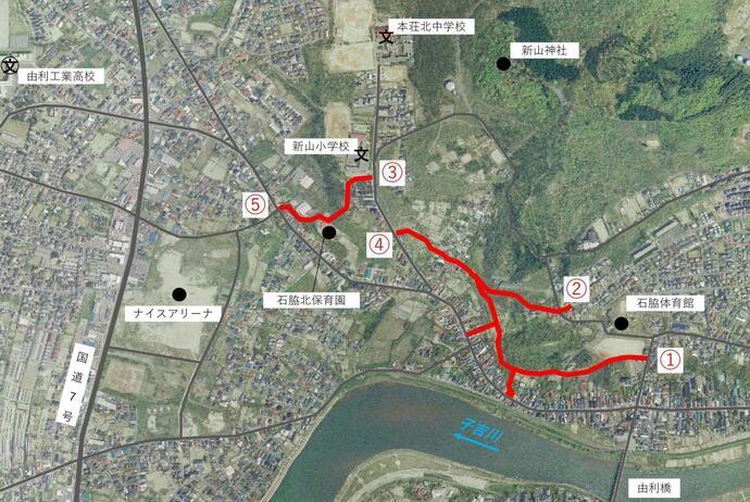 地図：市道石脇自歩道1号線から5号線