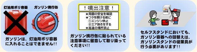 イラスト：ガソリンを取り扱うときの注意事項　ガソリンは、灯油用ポリ容器に入れることはできません　ガソリン携行缶に貼られている注意事項に留意して取り扱ってください　セルフスタンドにおいても、ガソリン容器への詰替はえは、ガソリンスタンドの従業員が行う必要があります