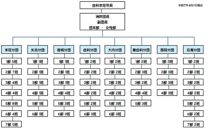 消防団員の組織図　任命者由利本荘市長、消防団長以下（団本部女性部）8分団（本荘、矢島、岩城、由利、大内、東由利、西目、鳥海）