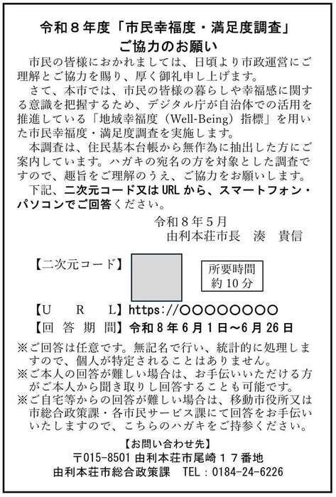 市民幸福度・満足度調査 案内ハガキ